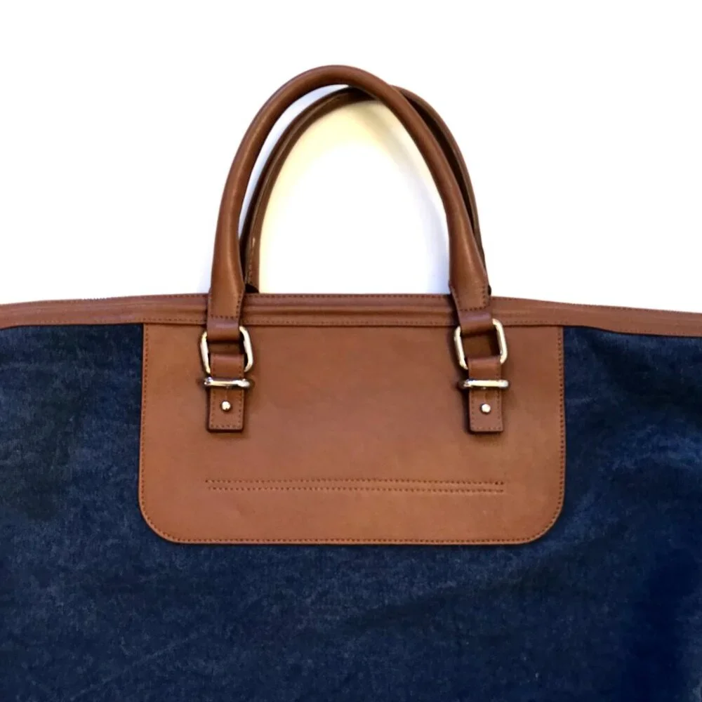 Eleventy Canvas Leather Travel Tote Bag Mens Navy Blue Brown Commuter Top Zipper